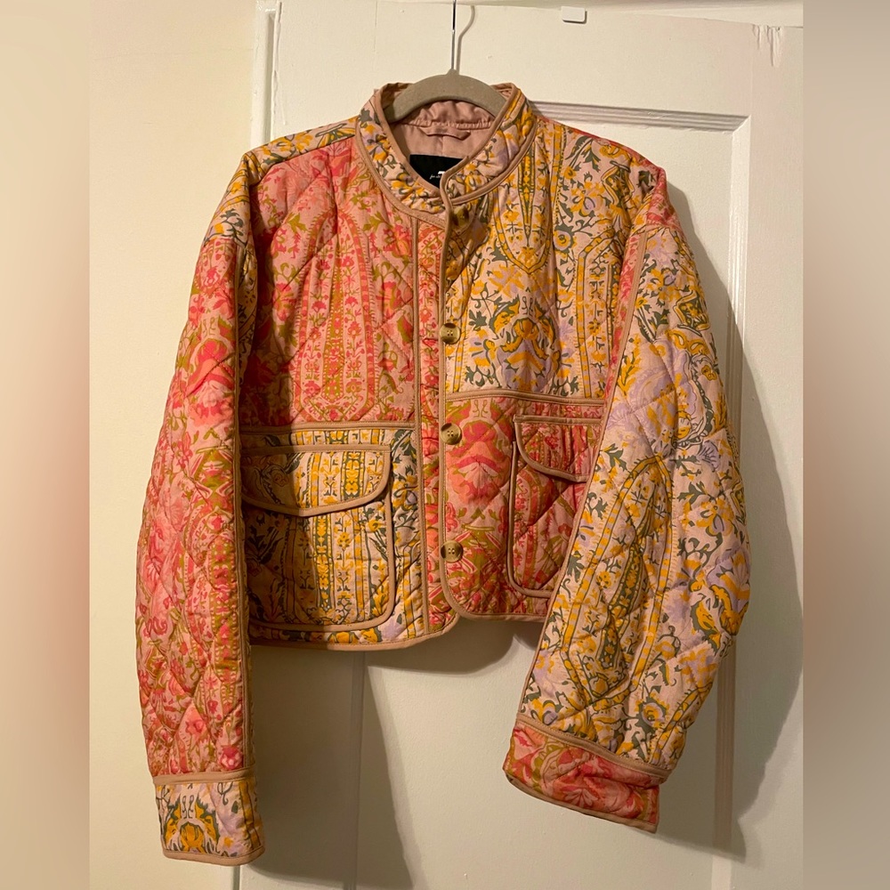 7 For All Mankind Quilted Floral Bomber Jacket in Pink, Yellow and Cream